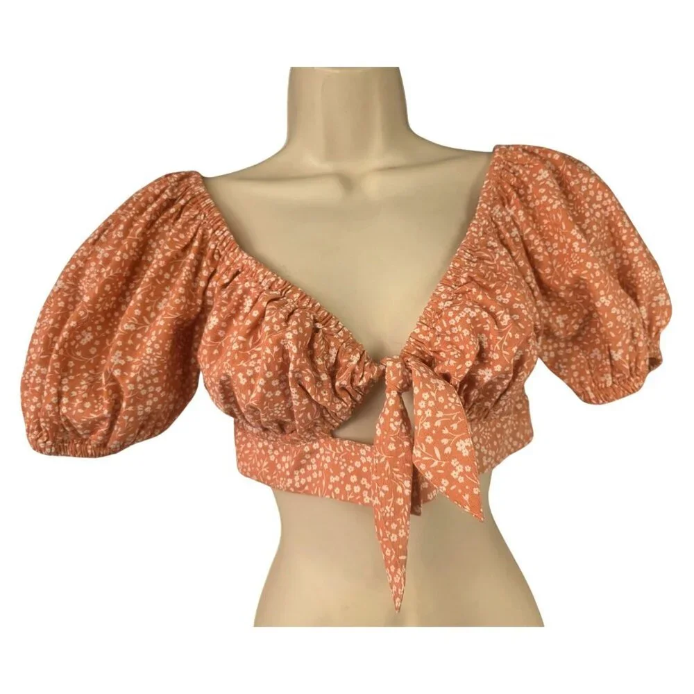 Sabo Skirt Neviah Crop Top Womens S Peach Floral Puff Sleeve Tie Front Crop NWT - Picture 3 of 9